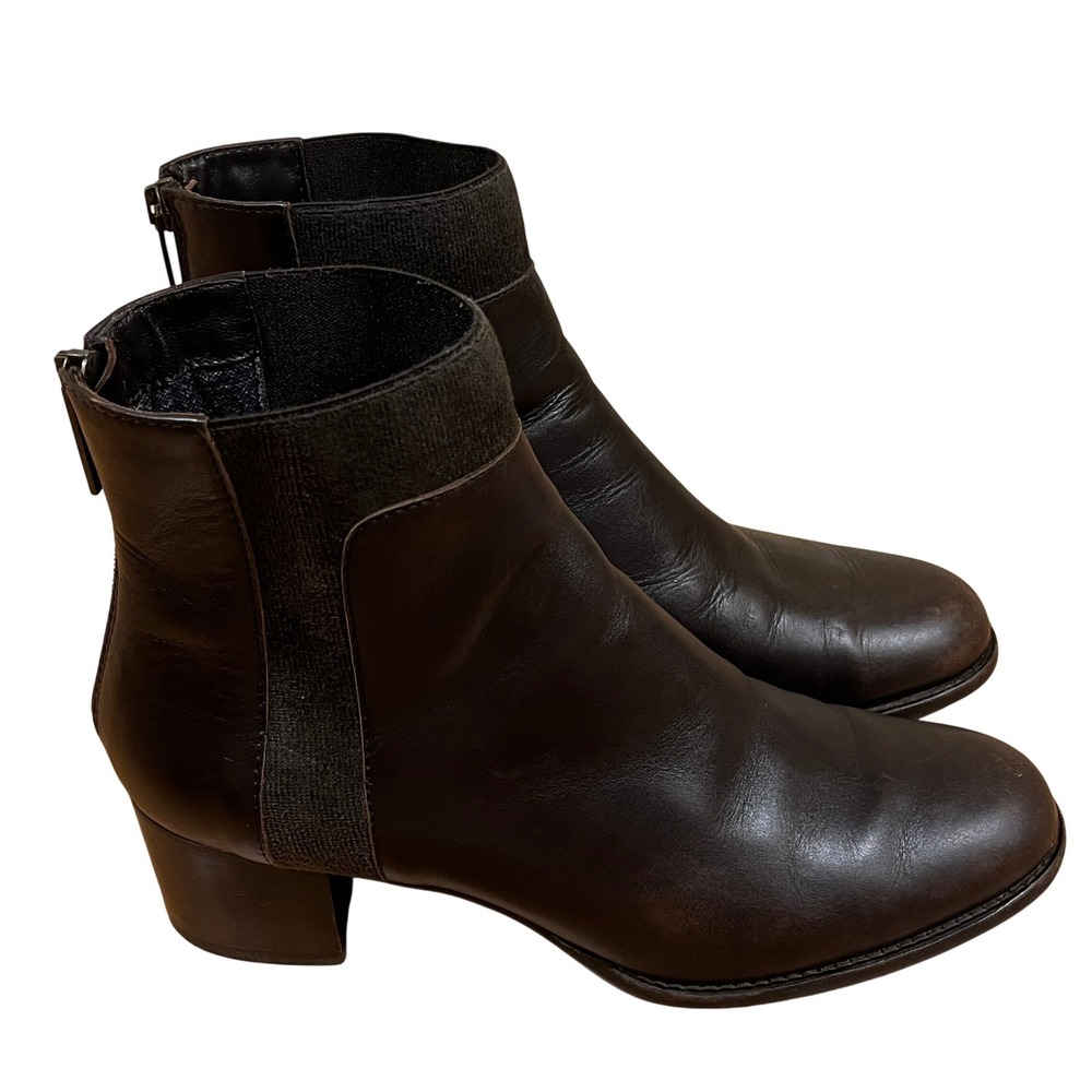 Aquatalia Brown Leather Ankle Chelsea Boots Block Heel Back Zip 8.5 Quiet Luxury